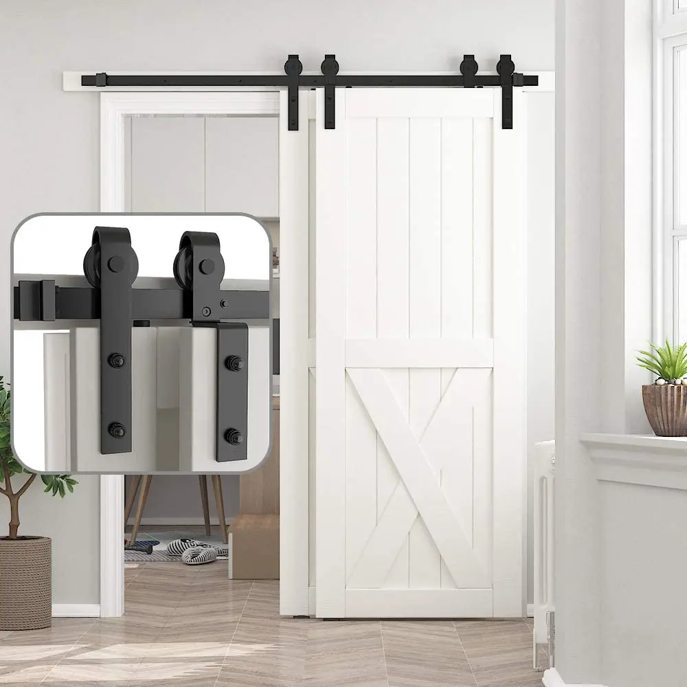 Porta Deslizante Haccer 4-9ft Kit para Porta de Celeiro Moderno Porta Dupla Ação Aço Carbono Preto Sistema de Gancho Dobrável