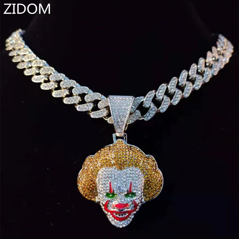 Men Women Hip Hop Movie Clown Pendant Necklace Miami Cuban Chain Iced Out Bling HipHop Necklaces Male Charm Jewelry