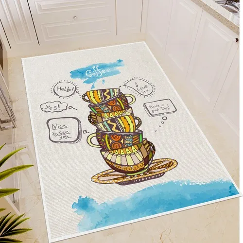 Halıdepo Modern Kitchen Cup Themed Slim Design Machine Washable Carpet Anti-Slip Soles