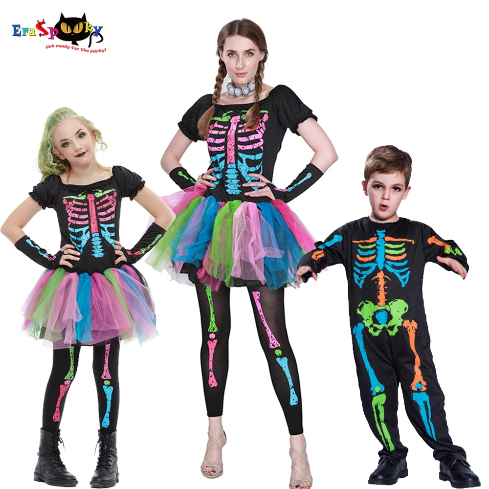 Eraspooky Vestido Tutú de Huesos Punky para Niñas, Disfraz de Halloween para Familiares, Mono de Esqueleto para Adultos, Disfraz de Grupo para Fiesta