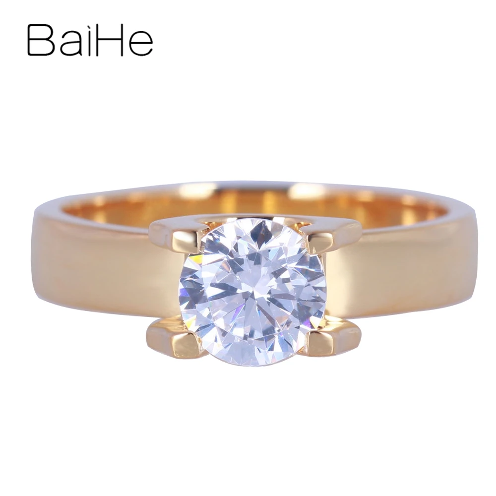 BAIHE Solid 14K Yellow Gold Cubic Zirconia rings for women men Engagement Wedding Fine Jewelry anillos mujer парные кольца