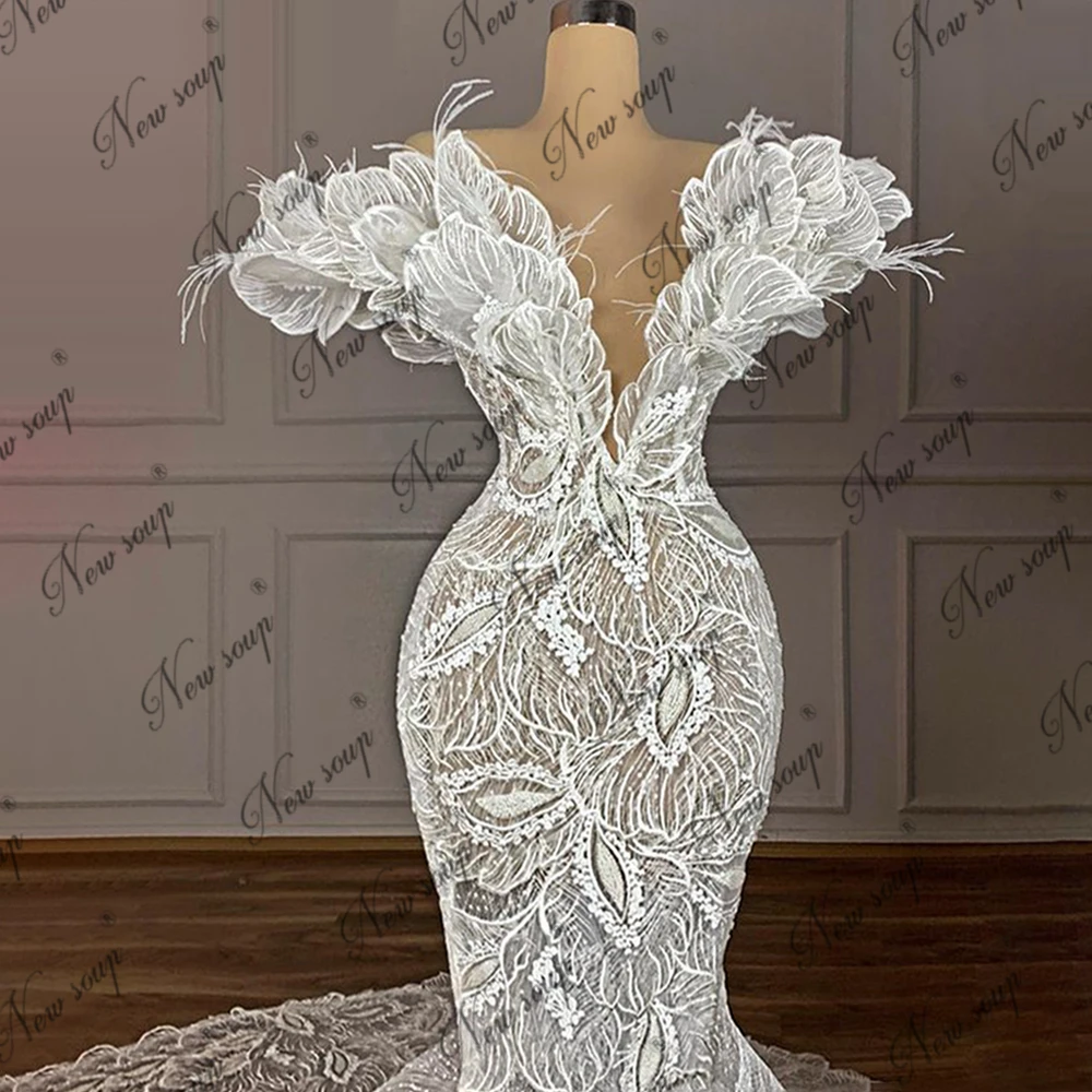 Robe De soirée De forme sirène, jolie Robe De bal De standing, style arabe, dentelle, fleurs 3D, plumes, col en v, dubaï, 2021