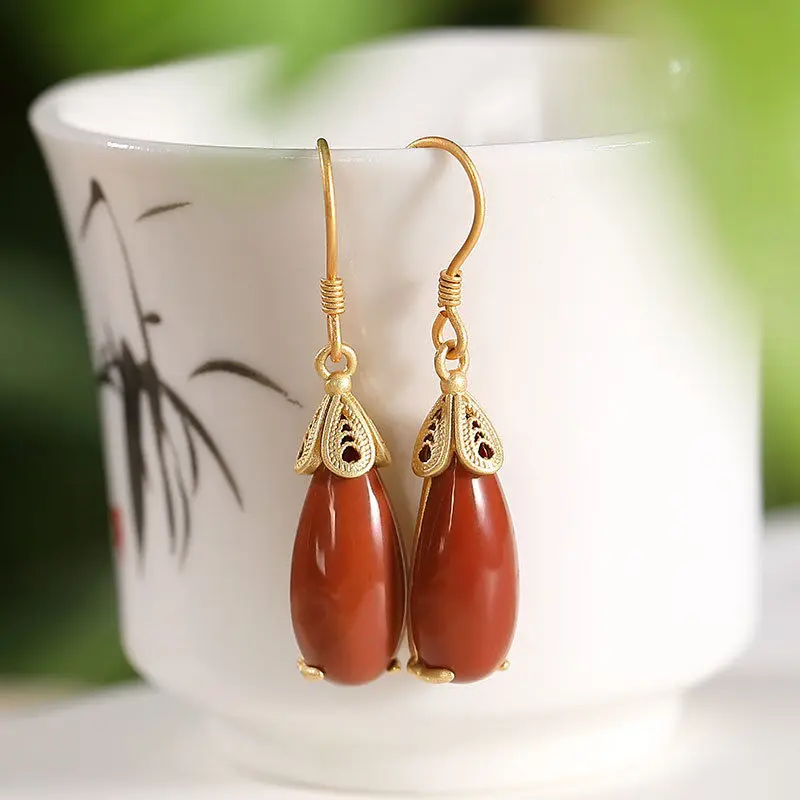 Designer unique original silver inlaid southern red tourmaline drop-shaped fashion and simple temperament ladies earrings