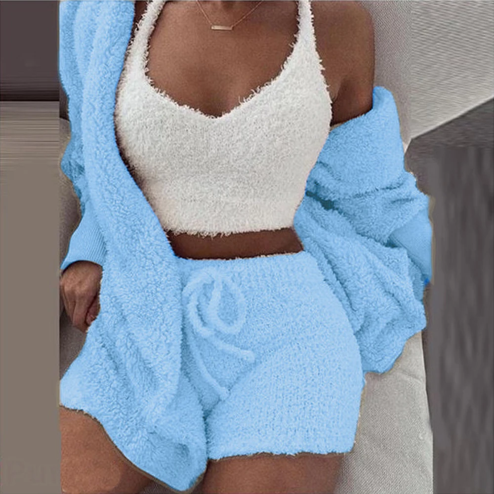 3PCS Pajama Set Women Winter Plus Size Fluffy Suit Coral Velvet Plush Robe Set Sleeveless Sweater Lounge Pijama Mujer Sleepwear