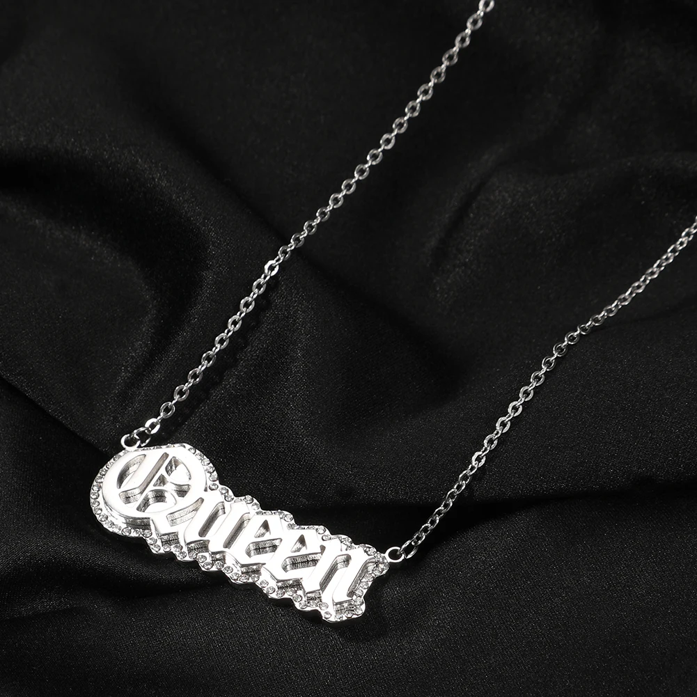 THE BLING KING Custom Double-Layers Stainless Steel Name Choker Iced Out Bling Stone Letters Pendant Necklace For Women Jewelry