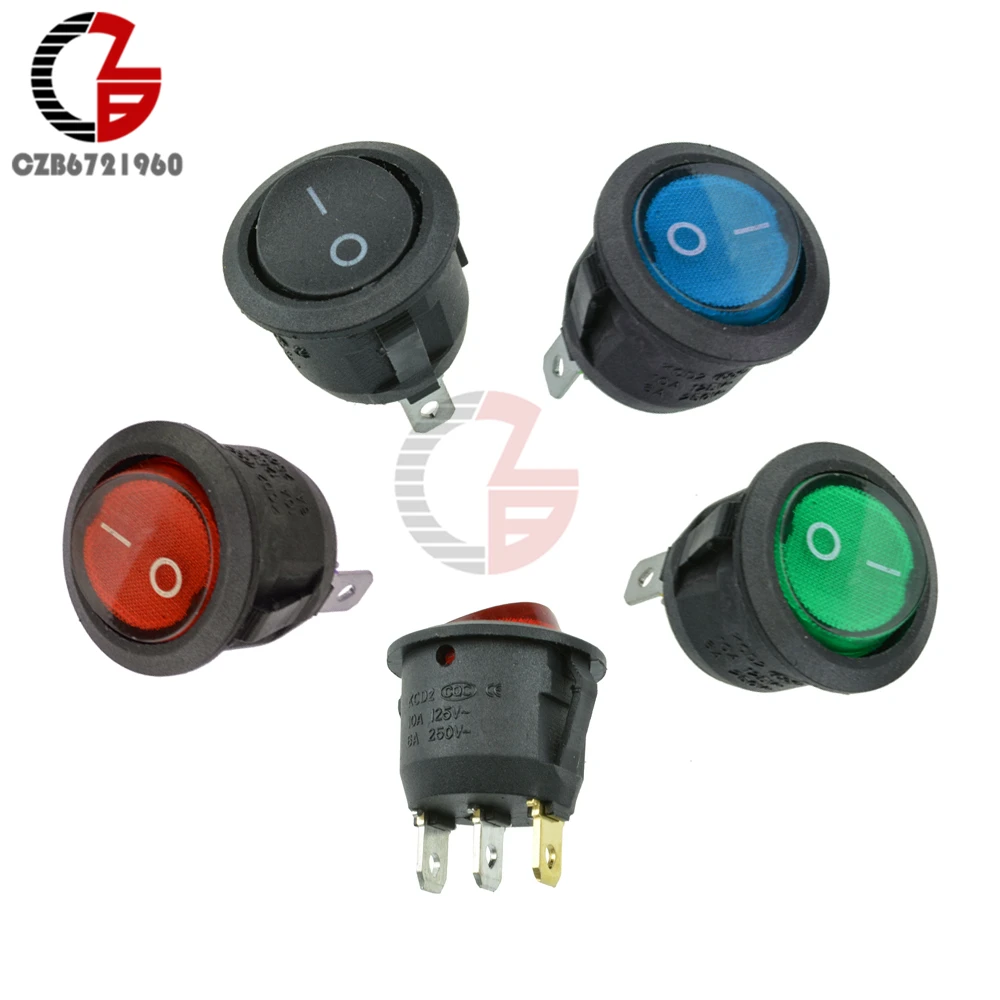 Mini 3Pin Round Push Button Switch On-Off SPDT Toggle Rocker Switch Red LED Light Indicator Embedded 6A 250V 10A 125V AC