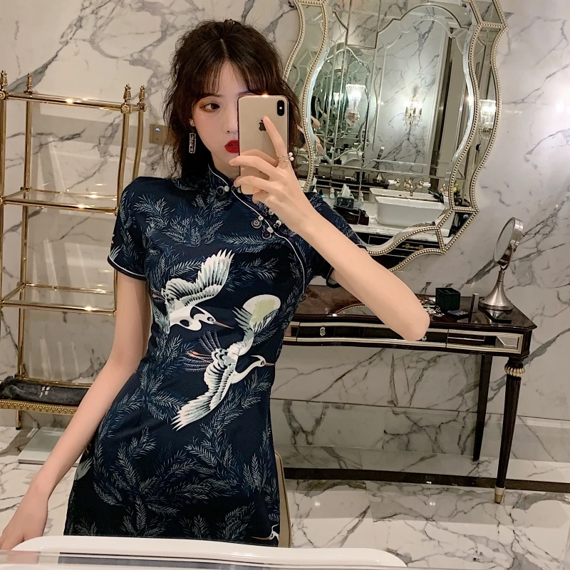 2021 Chinese Dress for Women Elegant Vintage Print Crane Qipao Dress Vestidos Sexy Party Wedding Split Cheongsam Dresses Quipao