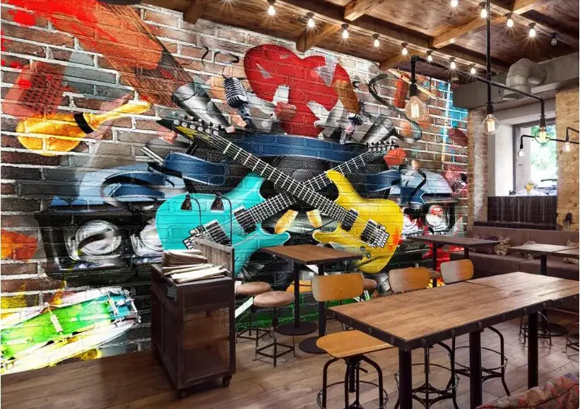 

Bacal 3D Murals Wallpaper Guitar Rock Graffiti Art Broken Brick Wall KTV Bar Tooling Home Decoration Wall Painting Mural Fresco