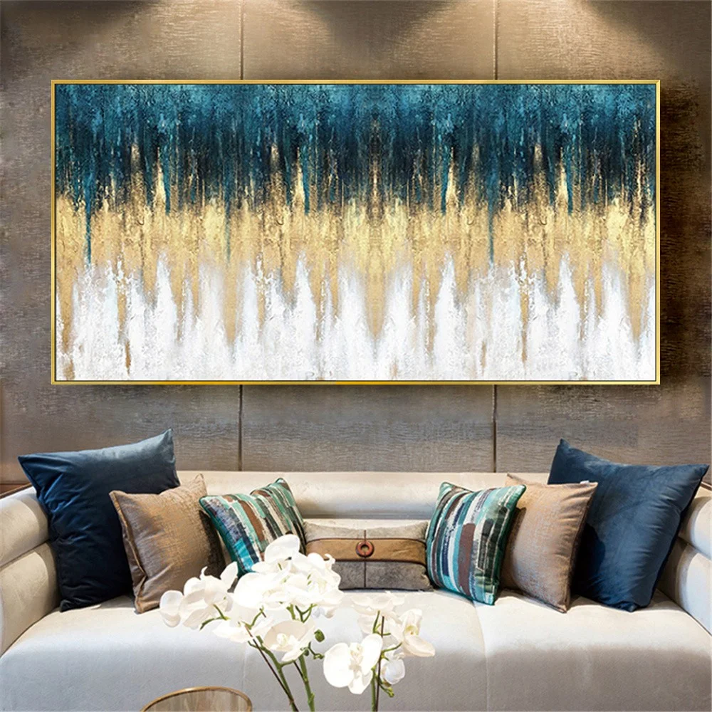 

100% Hand-Painted Modern Gold Abstract Oil Painting On Canvas Home Living Room Art Picture Decor Sofa Background Blue Mural Gift