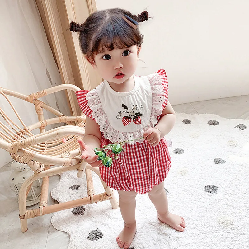 Summer Infant Girl Romper Baby Plaid Rompers Cherry Embroidery Jumpsuit Newborn 1st Birthday Baptism Boutique Clothing