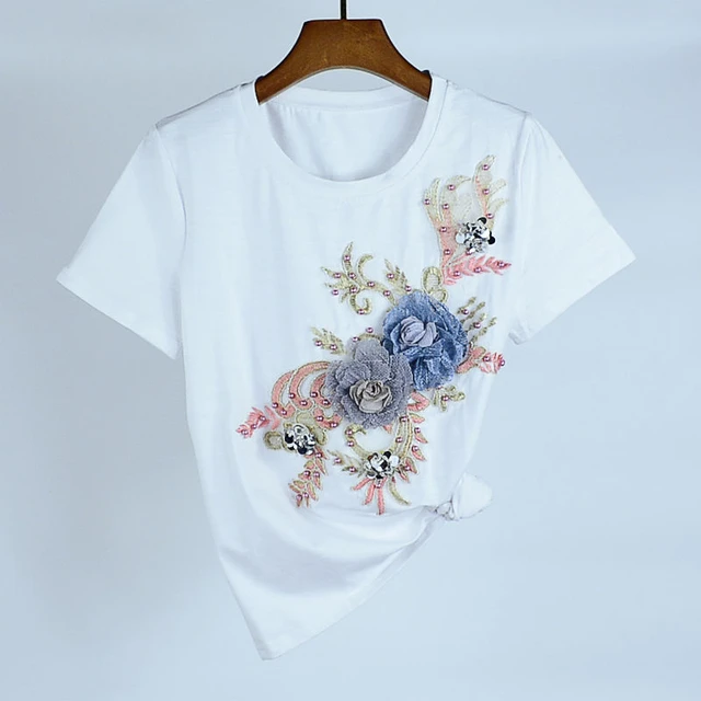 Send normally White T-shirt Women Summer Short Sleeve 2023 new Flower  Embroidery Large Size T-shirt Cotton top Female