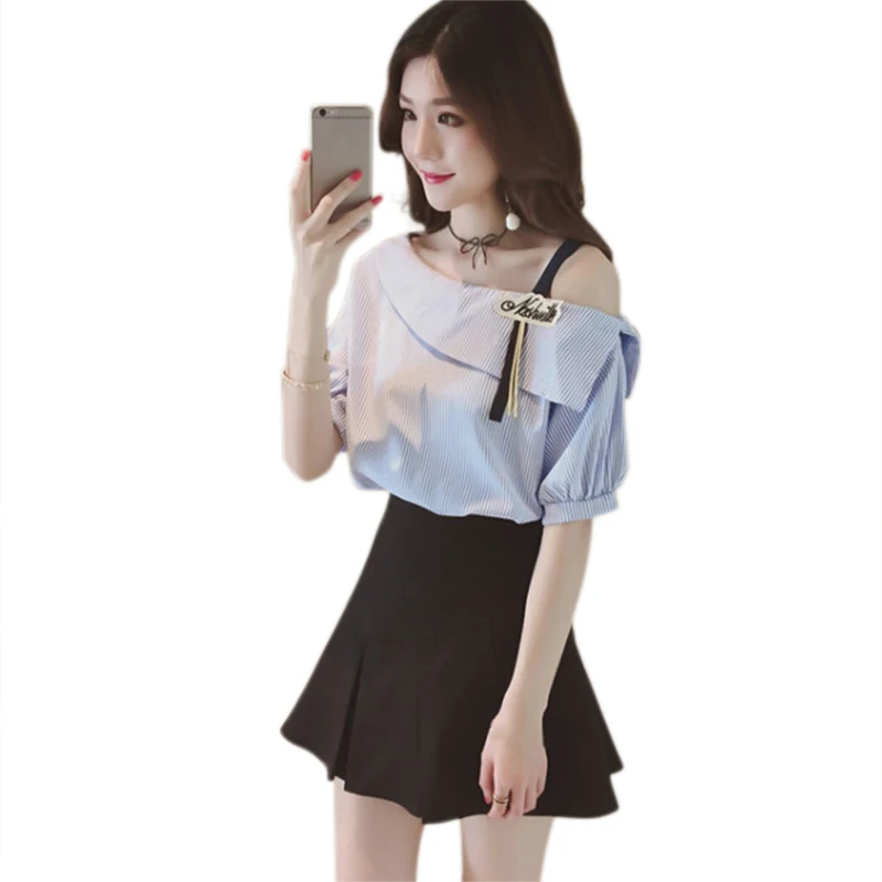 Women Striped Blouses Sexy One shoulder Loose Blue Blouse Lantern Sleeve Spring Button Casual Shirt Tops