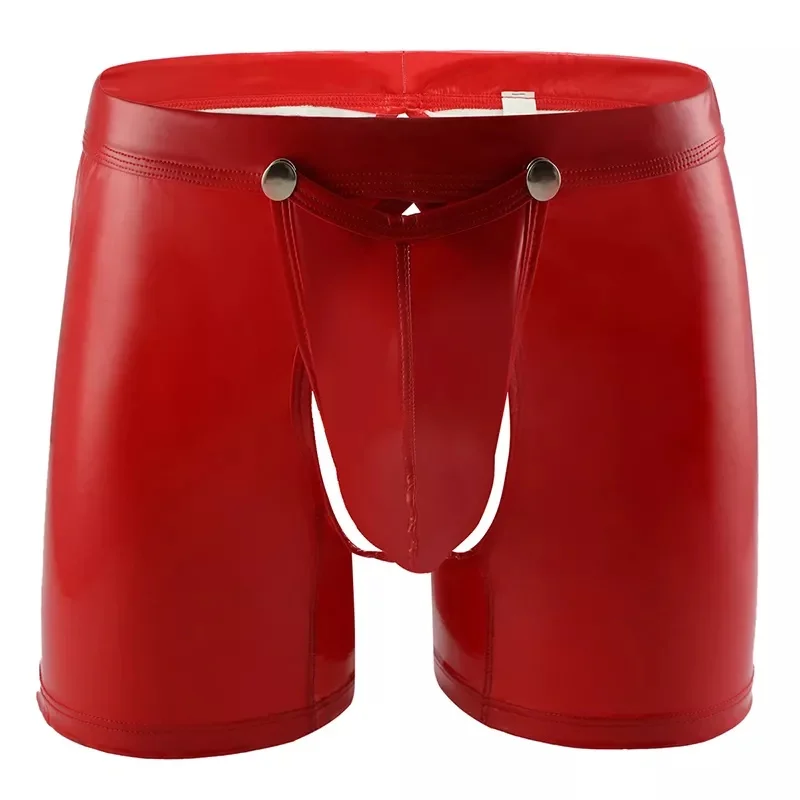 Mens Sexy cavallo aperto Casual Boxer in pelle per sesso maschile lattice pantaloni corti Crotchless Hot porno rigonfiamento sacchetto biancheria