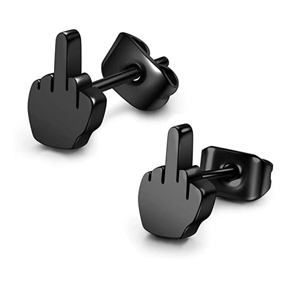 2Pcs Stainless Steel Black Middle Finger Up Women Men Ear Jewelry Studs Earring Punk Cool Gold Silver Plated