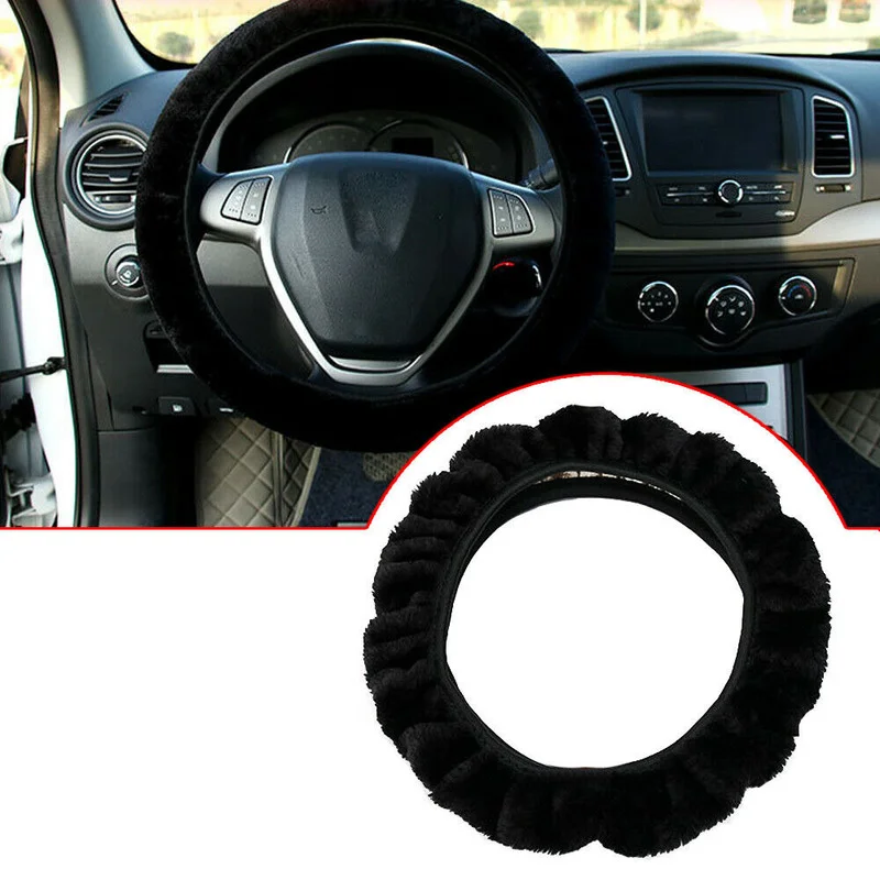 Car Steering Wheel Cover Protector Decoration Warm Super Thick Plush Soft Black Steering Cover for Women Men Winter Universal