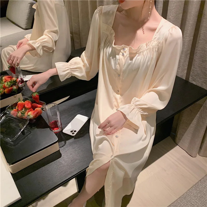 

Ice Silk Women Sleepshirt Flare Sleeve Nightgown Womens Nighty Robe Nightdress Casual Sleep Nightwear Summer New Home Clothing