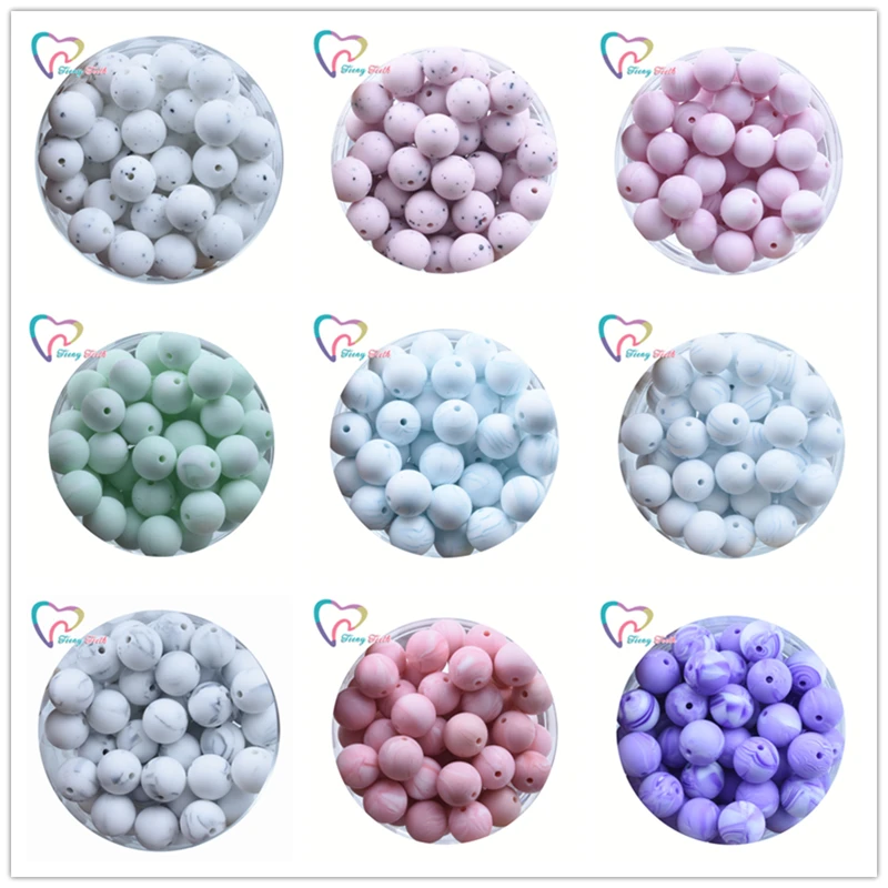 Teeny Teeth 200 PCS Silicone Round Dia 15 MM Beads,Silicone Marble & Gritty Colors Round Teething Loose Beads Soft Pink Gritty