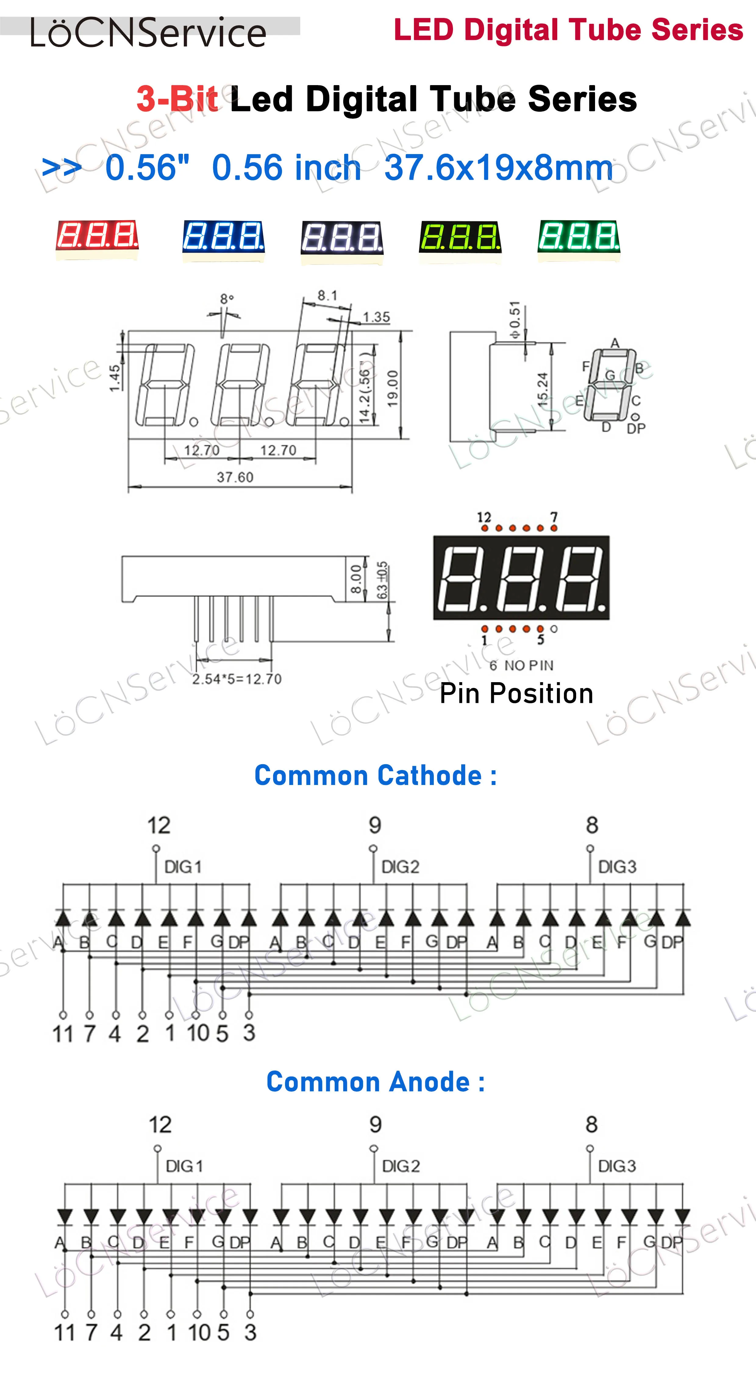 0.56 inch LED Display Digital tube 3bit RED BLUE WHITE YELLOW PURE GREEN Common Cathode Anode High Bright Clock Display 50PCS