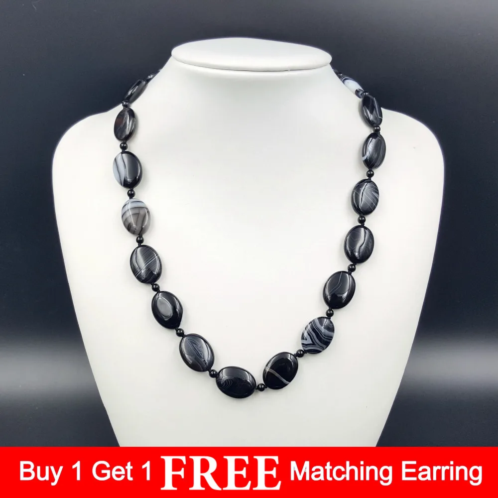 LiiJi Natural Stone White Line Black Onyx Oval shape Stone Toggle clasp Fashion Necklace Approx 20''/50cm