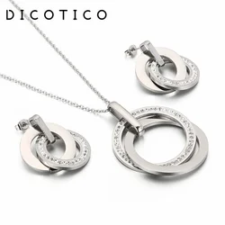 DICOTICO CZ Round Pendant Necklace Drop Earrings For Women Stainless Steel Zircon Chain Jewelry Sets Women Wedding Gift