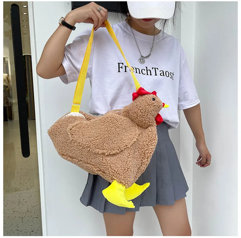 Cartoon Chicken Girl's Bag Women Plush Shoulder Bag Cute Cock Zipper Shoulder Bag With Adjustable Strap Streetwear Casusal Wear