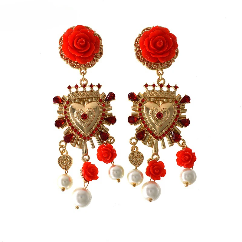 Fashion Gold Color Rhinestone Earrings For Women Heart-shaped Red Rose Flower Drop Earrings Valentine's Day Gift