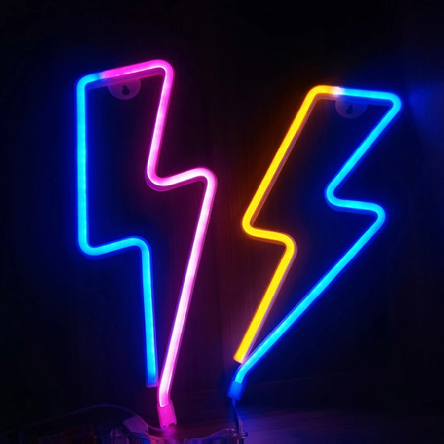 Lightning Neon Sign Lights LED Flash Shape Table Wall Lamp Nightlight Decoration Home Party Birthday USB & Battery Box Powered