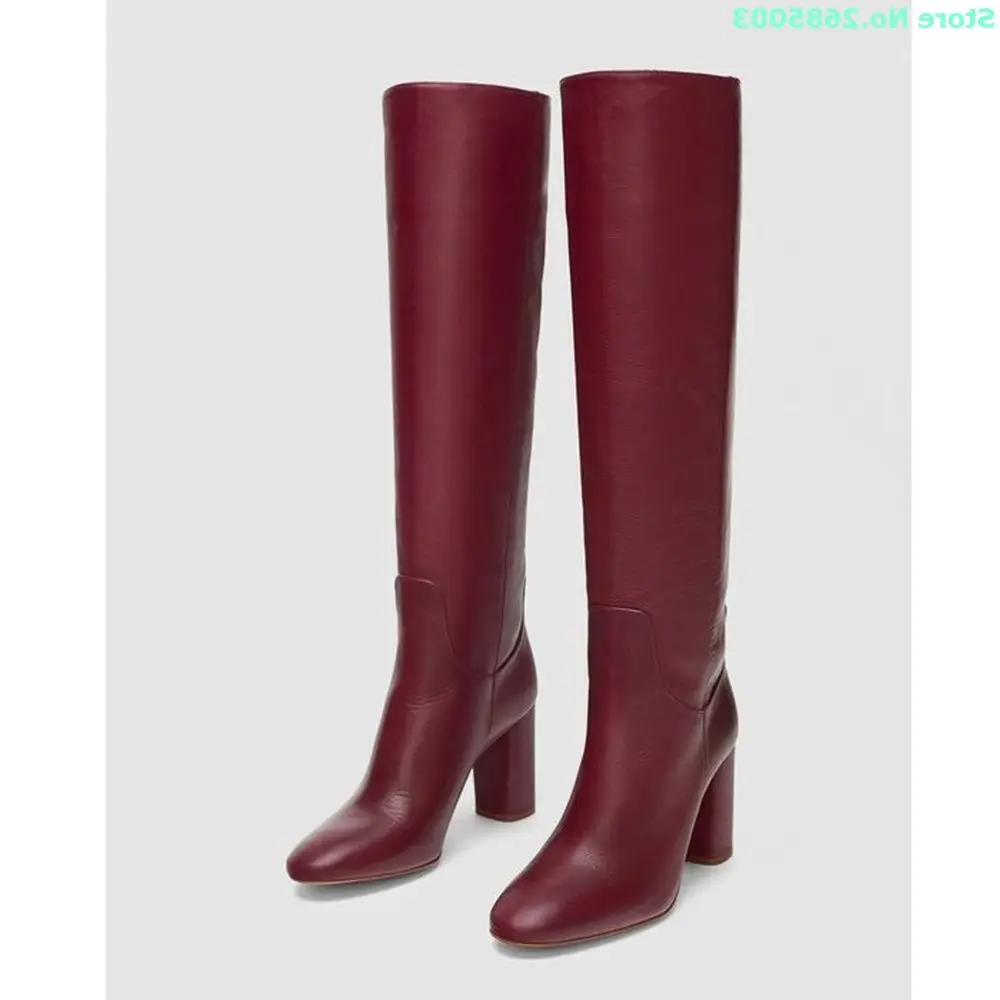 Burgundy Leather Knee High Boots Pointed Toe Thick High Heels Solid Slip On Women Autume Winter Party Dress Boots Shoes