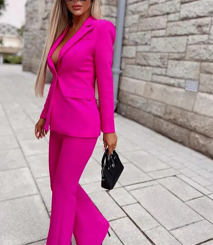 Tesco Fuchsia Women Pantsuits Autumn Blazer+ Wide Zipper Long Pants Officer Lady Trousers Suits Sets 2 Piece For Women