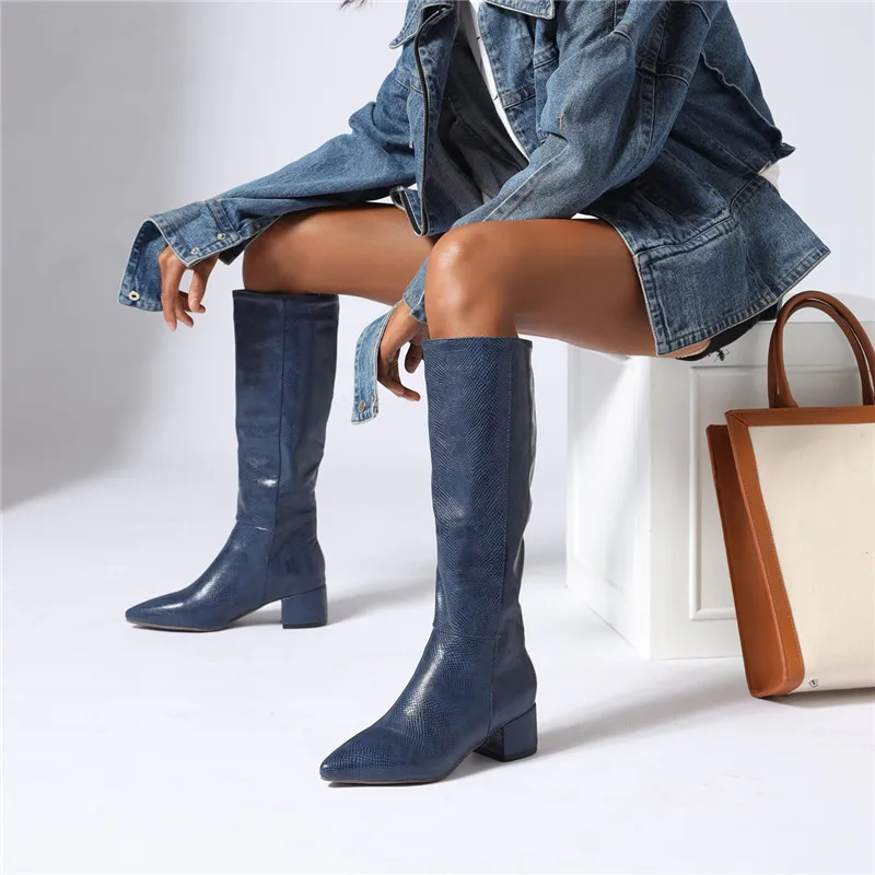 YMECHIC Fashion 2022 Chunky Heels High Knee Boots Yellow Silver Blue Pointed Toe Knee High Long Boots Winter Female Shoes Botas