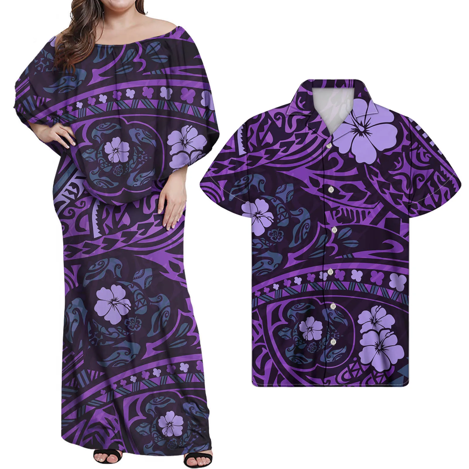 

Hycool Leisure Women Clothing Match Polynesian Tribal Hawaii Floral 2022 New Year's Dress Shirt Set Couple Matching Clothing