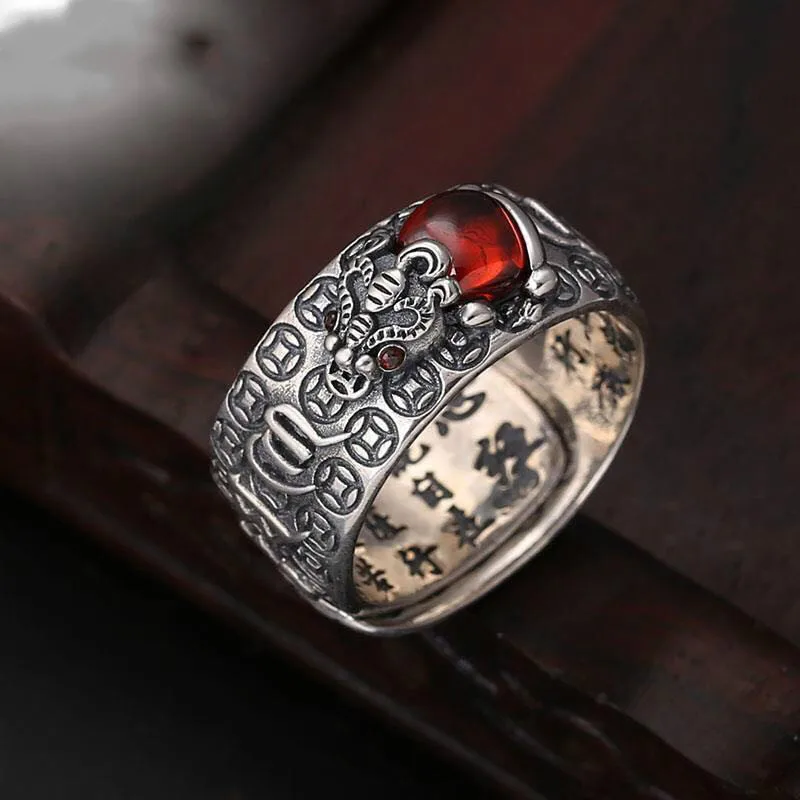 Vintage Domineering Men Ring National Style Pi Xiu Ring Feng Shui Wealth Good Lucky Jewelry Buddhist Heart Sutra Ring Jewelry