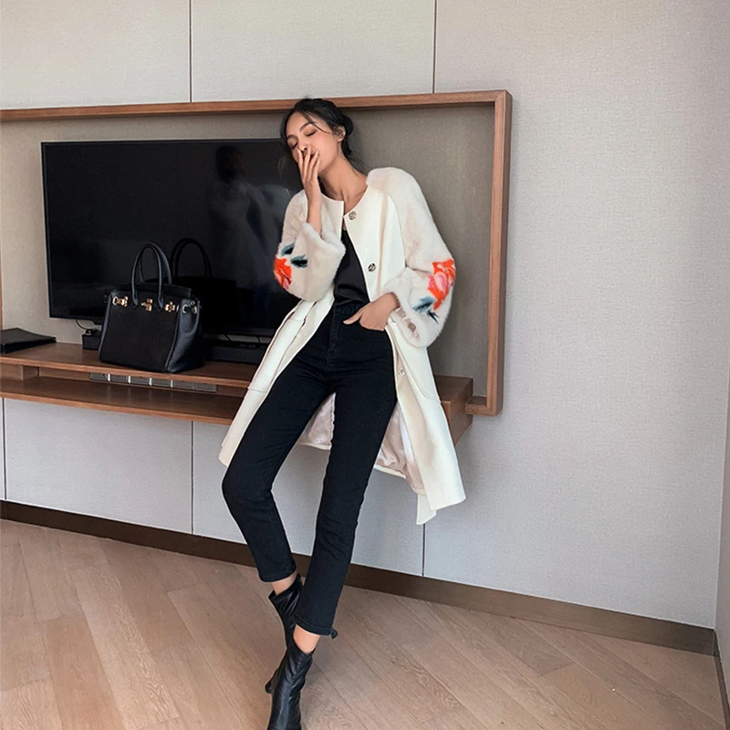 Ftangaiur New Winter Import Velvet Mink Fur Coats  Print Flower Wool double-sided Natural Fur Coat Women's Real Mink Fur Coats