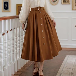 Streetwear Long Skirt Women High Waist Single breast Pleated Skirts WIth Belt Summer Autumn Maxi Skirt jupe femme