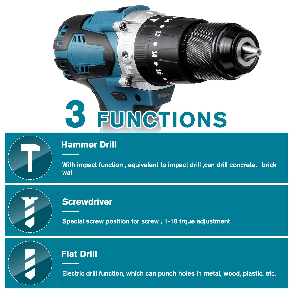 Drillpro 3 in 1 Brushless Electric Hammer Drill Screwdriver 13mm 20+3 Torque Cordless Impact Drill for Makita 18V Battery