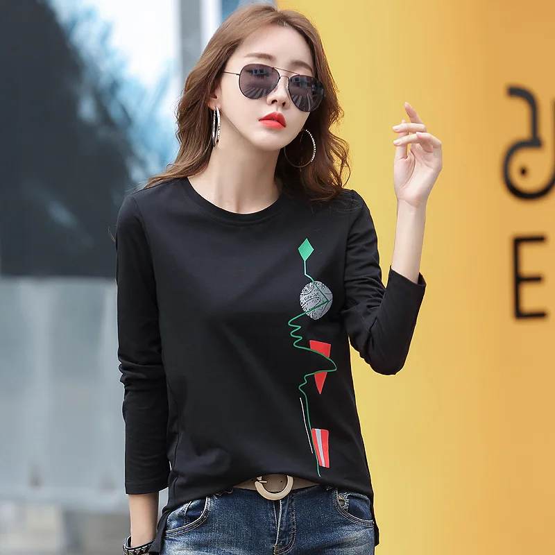 New Print T Shirt Women Cotton Korean Fashion Woman Clothes 2024 Casual Spring Tops Autumn Tshirt Long Sleeve Tee Shirt Femme