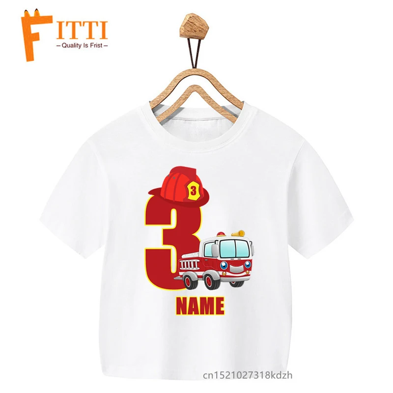 Feuerwehr Auto Geburtstag Zahlen Blume Drucken Jungen/Mädchen Weiß T-shirt Kind Sommer Kawaii Lustige Kleine Baby Kleidung, drop Schiff