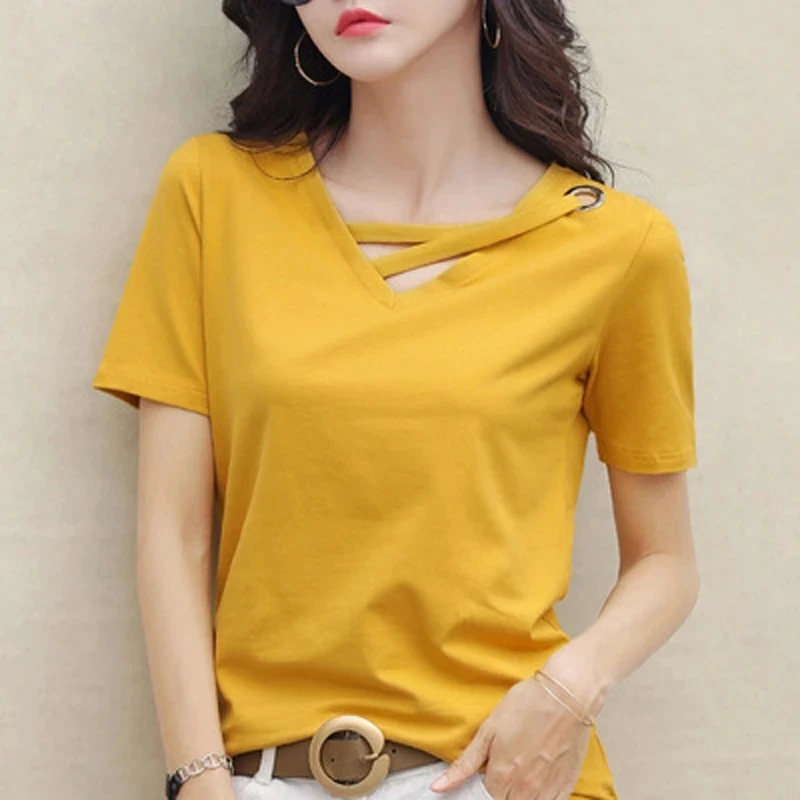 2024 new summer short sleeve women white t-shirt women V-neck loose Korean black top casual compassionate trend t shirt women