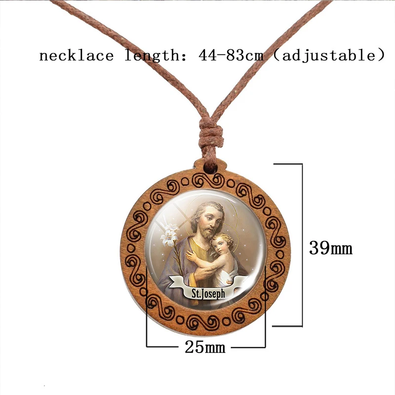 Christian Saint Jewelry St Michael St.therese Glass Cabochon Wooden Pendant Necklace Retro Adjustable Rope Chain Necklaces Gifts