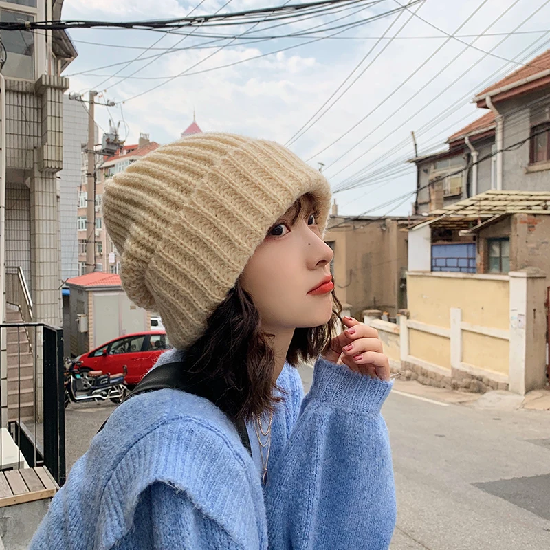 2020 Women Hat Knitted  Winter Warm Cap Female Hip Hop Solid Color Cotton Knitting Muts  Curled Coarse Wool Multicolor Big hat