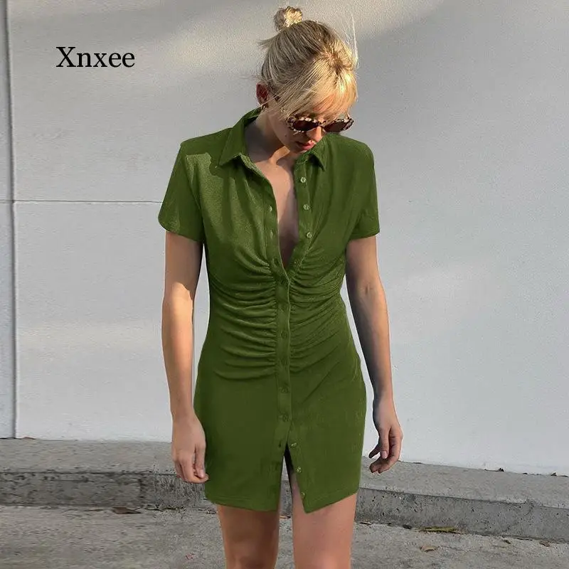 Sexy lapel Folds pencil Single-breasted mini shirt dress Short sleeve Casual Elegant Solid slim spring Summer Ladies 2021 dress