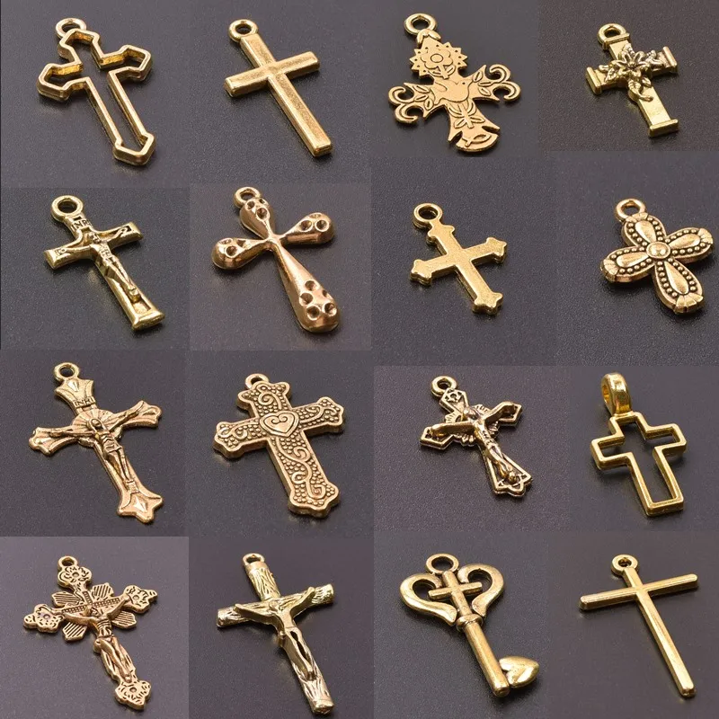 5pcs Crosses Pendant Charms For Jewelry Making Supplies Christ Handmade Necklace Earrings Charm Gold Color Accessories Wholesale