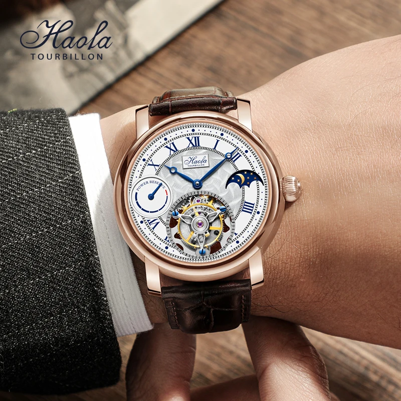 Haofa Manual Tourbillon Mechanical Watch for Men Moonphase Skeleton Sapphire Mechanical Watches for Men 80H Power Reserve 1016