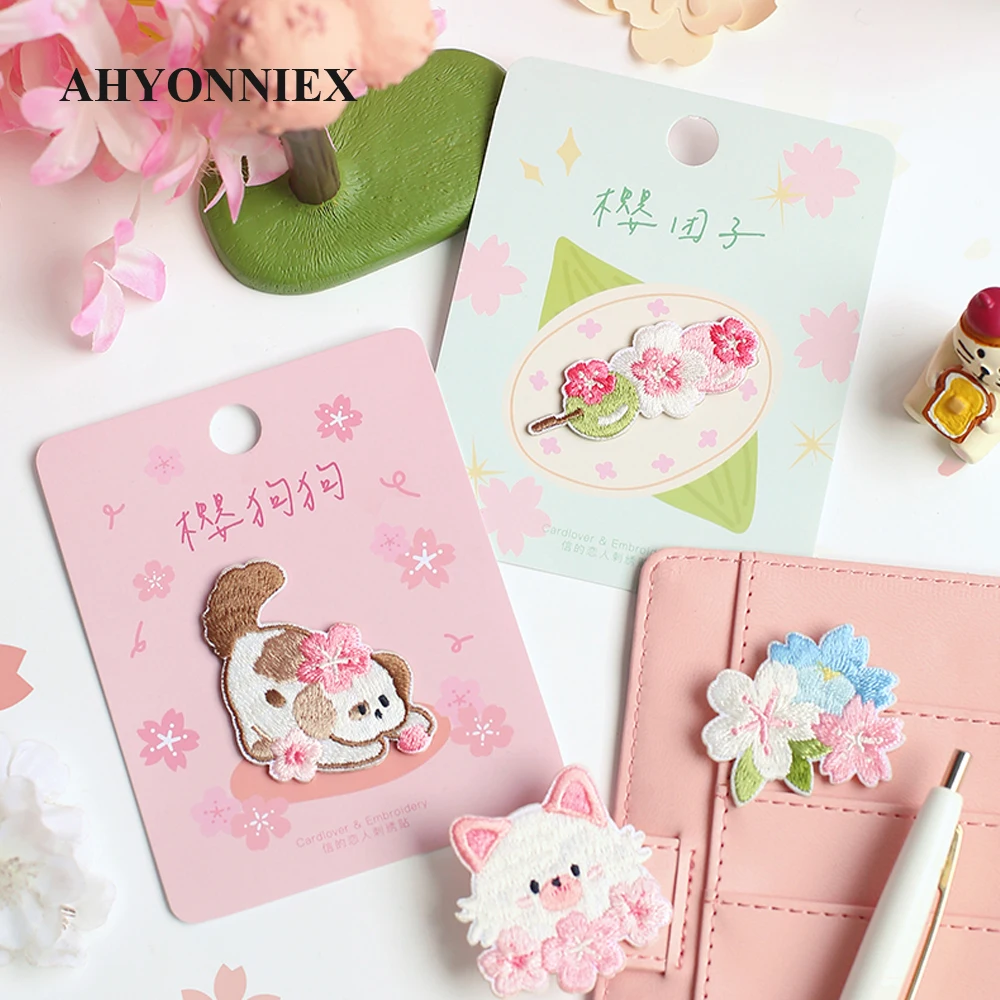 AHYONNIEX New Cherry Flower Embroidery Patches for Bag Jeans Dog Cat Iron On Patches for Clothes Small DIY Patches