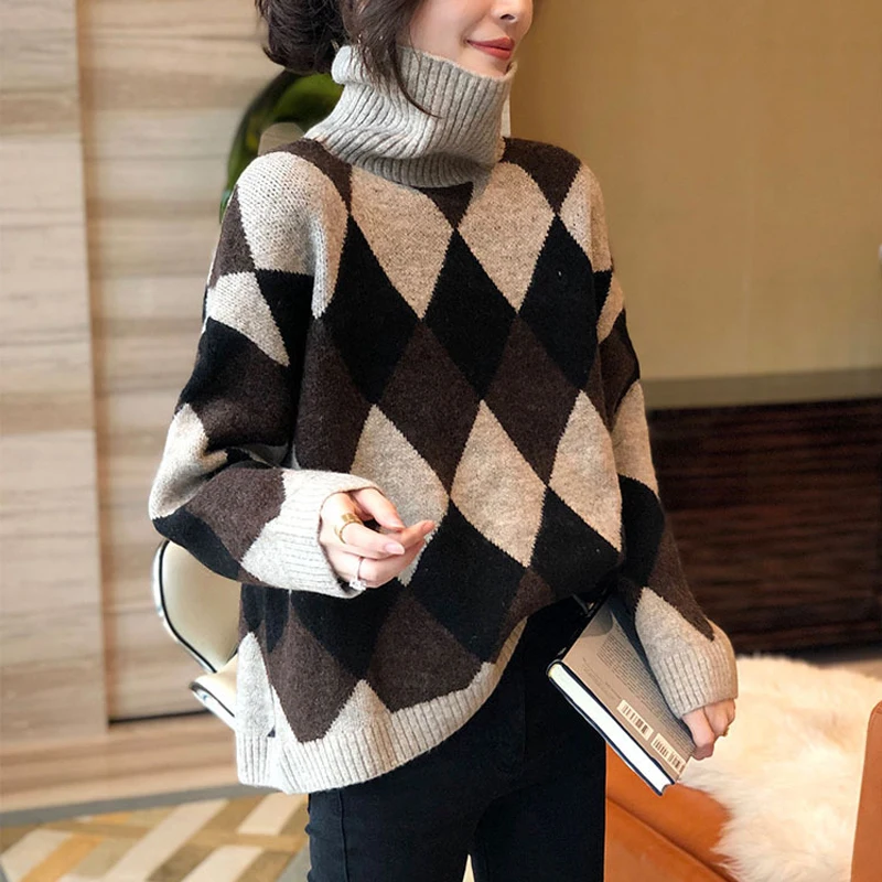 

Women Knitted Sweater Oversized Pullovers Ladies Winter Loose Argyle Turtleneck Sweater Casual Women Jumper Sueter Mujer
