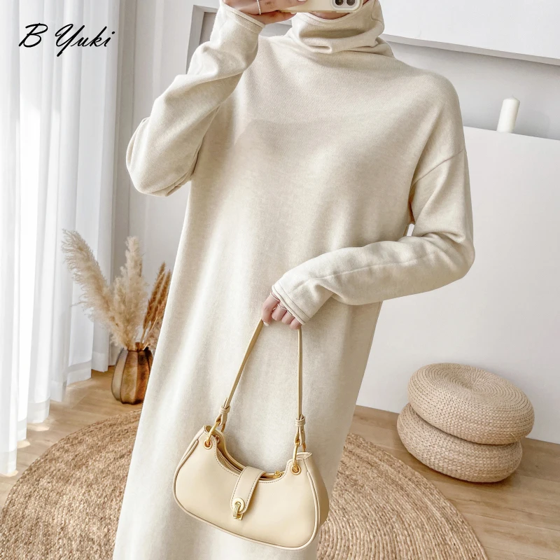 

Blessyuki Side Slit Loose Turtleneck Knitted Sweater Dress Women Casual Long Sleeve Solid Straight Dress Female Mid-length Dress