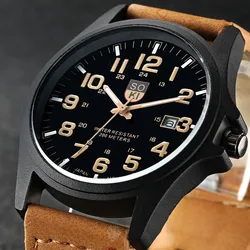 Montre-bracelet de sport pour hommes, décontractée, bracelet en cuir, mode masculine, calendrier, horloge extérieure