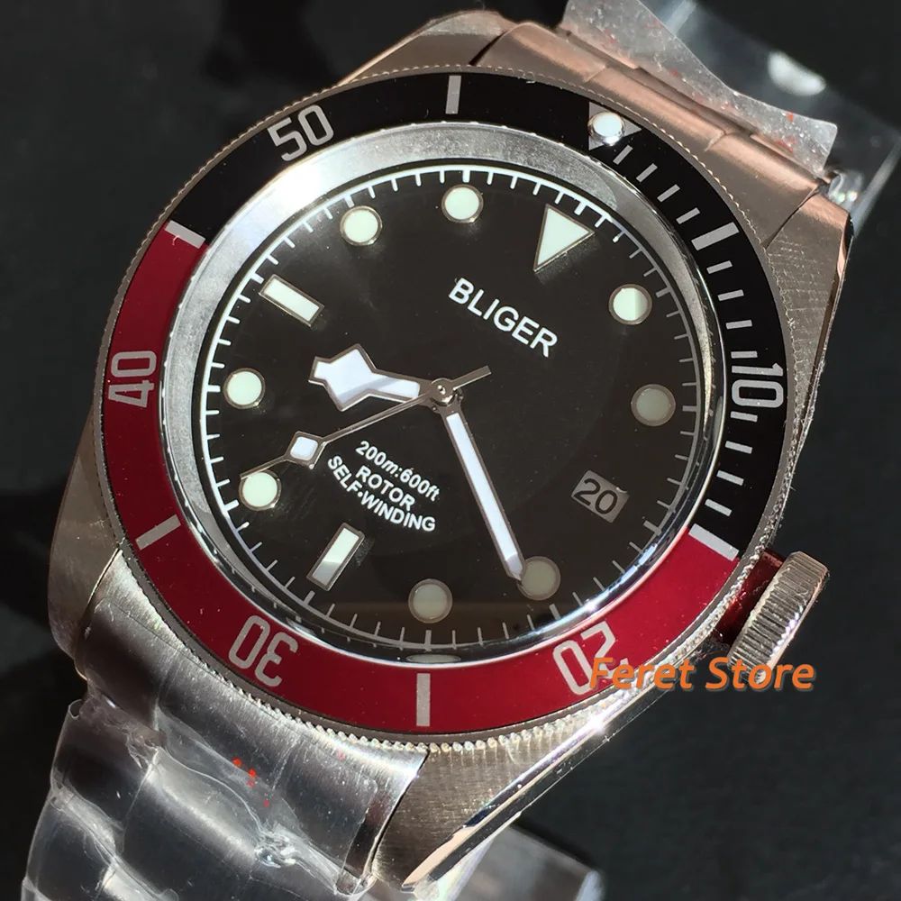 

BLIGER 41mm Automatic Watch Stainless Date red and black Bezel Luxury Brand Sapphire Crystal NH35A Luminous Men Mechanical Watch