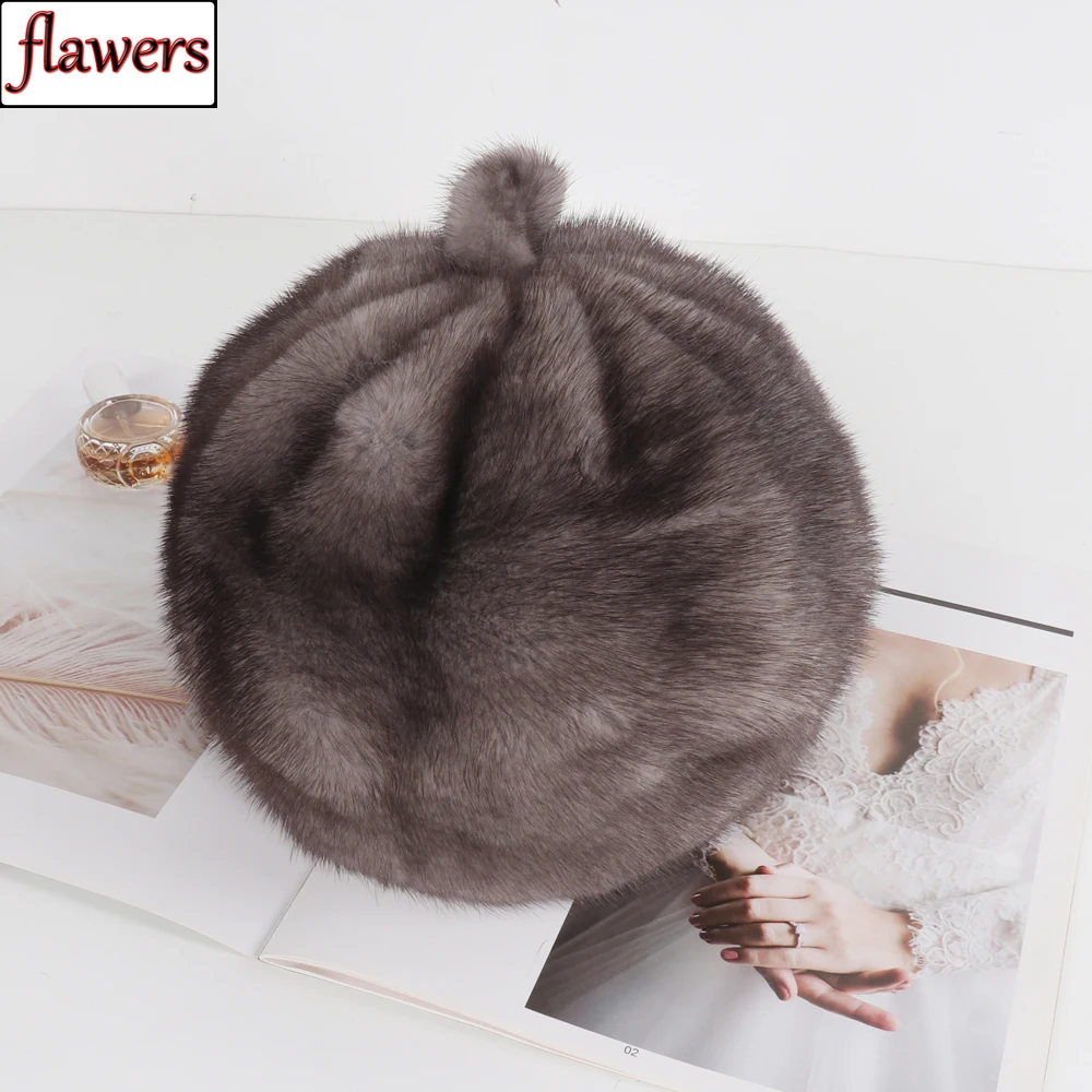 

Female Pumpkin Real Mink Fur Caps Luxury Full Pelt Women Genuine Mink Fur Beanies Cap Outdoor Keep Warm Natural Mink Fur Hat