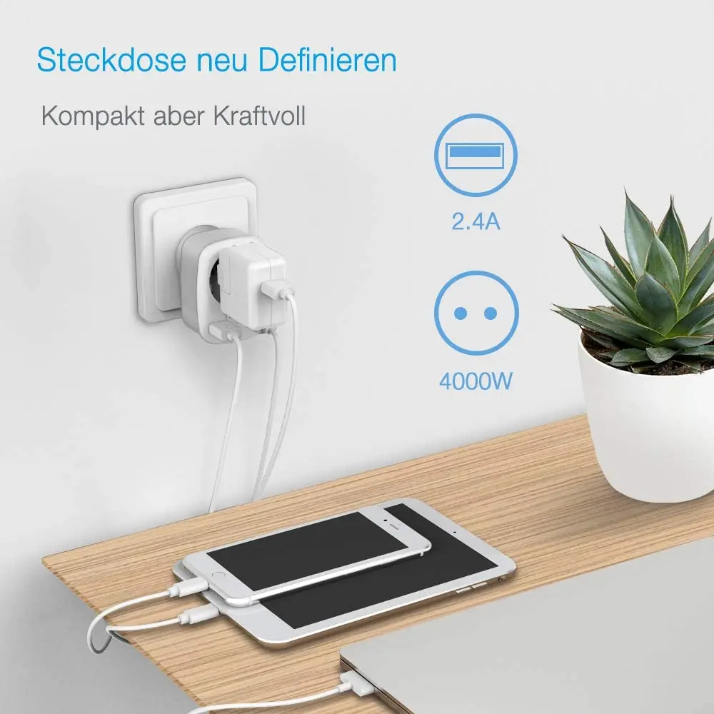 TESSAN-Adaptador de corriente 3 en 1 para enchufe de pared, enchufes de carga de viaje de la UE con puertos USB (2.4A) y 1 enchufe, 2 paquetes
